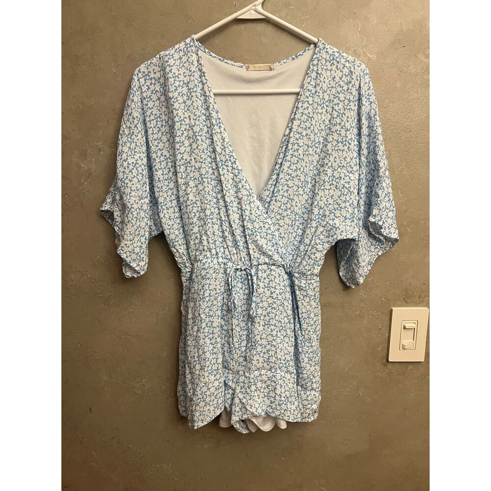 Altar'd State Blue White Floral Wrap Romper Small Boho Cottagecore Summer Dress - Picture 3 of 14